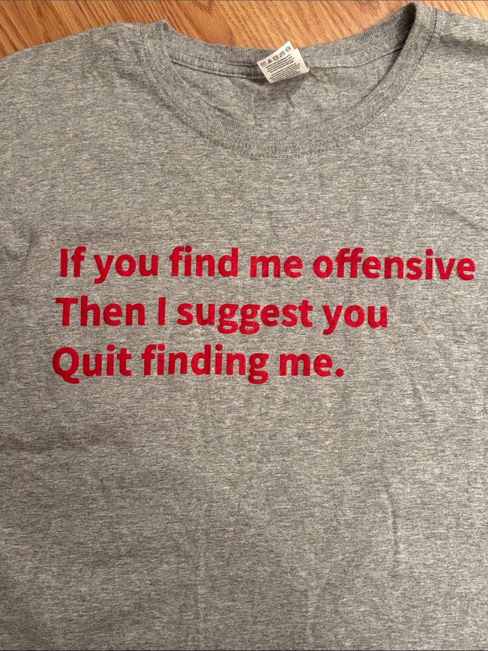 NWOT Gildan Gray Short Sleeve Tee with Red Text Statement